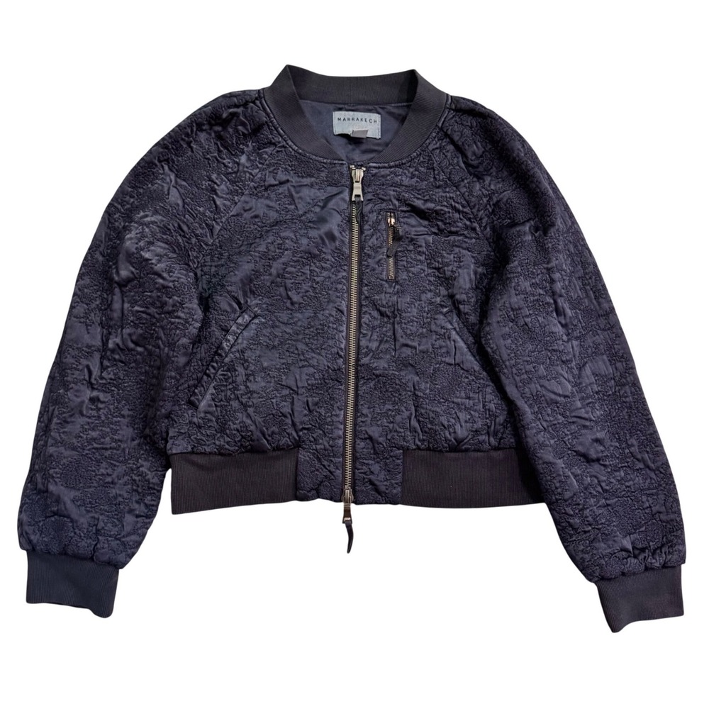 VTG MARRAKECH Womens Embroidered Floral Bomber Jacket Navy Blue Full‎ Zip Size M